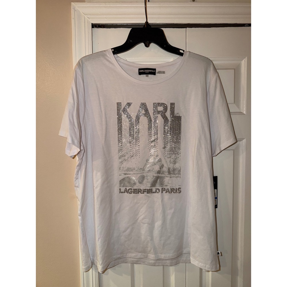 Karl Lagerfeld Paris White Rhinestone Eiffel Tower Graphic Tee Shirt